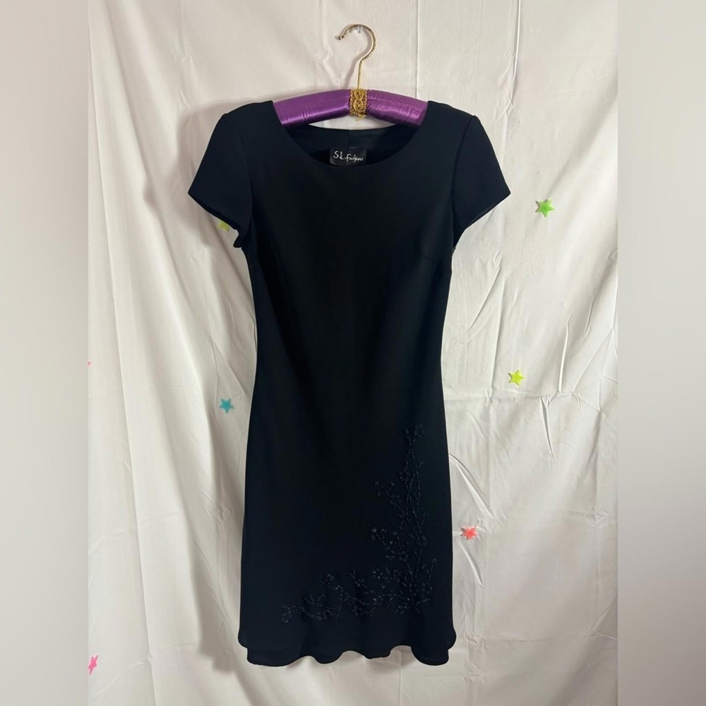 Vintage 90's Little Black Dress Beaded Ruffle Hem Knee Length Structured Size S - Picture 4 of 16